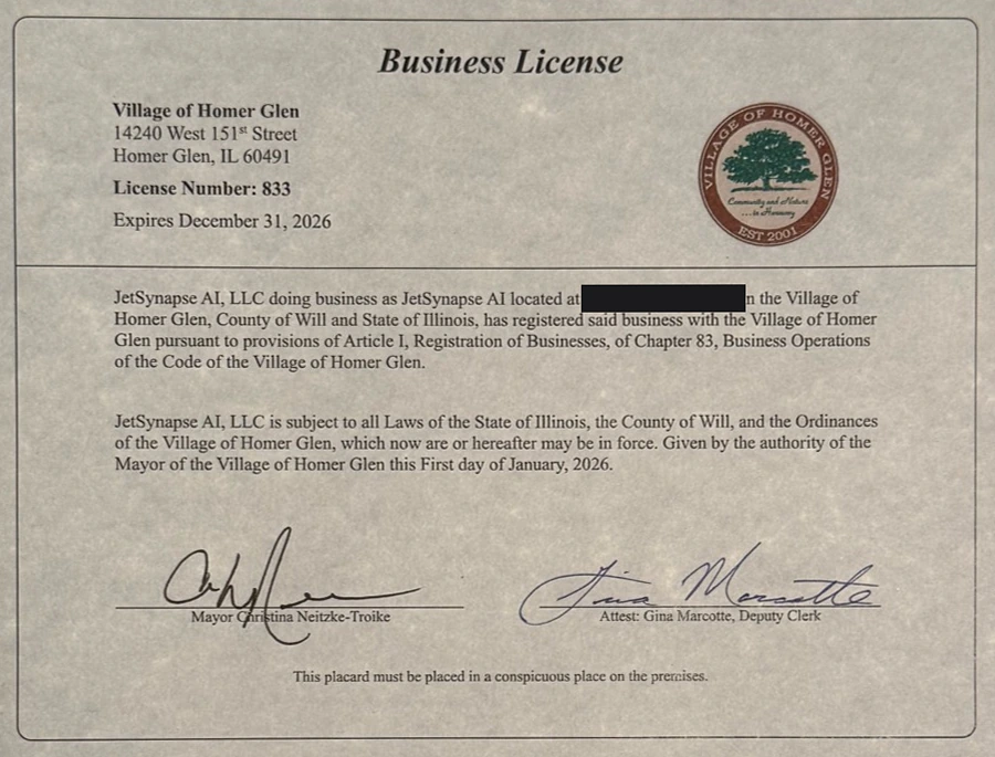 Village of Homer Glen Business License for JetSynapse AI, LLC. Expires December 31, 2026. Business street address redacted.